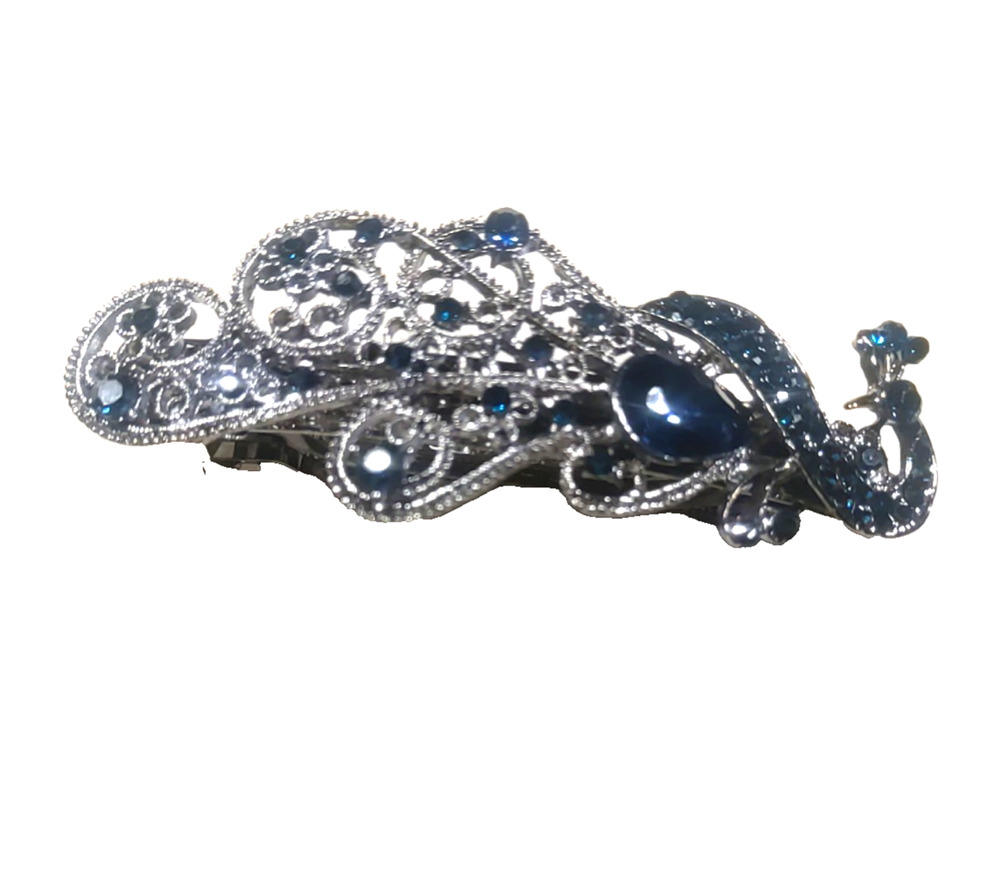 Peacock Hair Barrette Tension Clip Gun Metal Silver Dark Blue Rhinestone